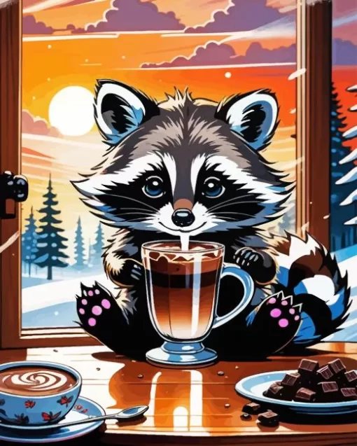 Raccoon With Coffee Paint By Numbers