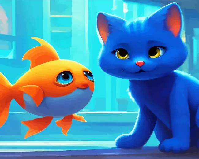 cartoon blue cat and goldfish paint by numbers Cat And Goldfish Paint By Numbers