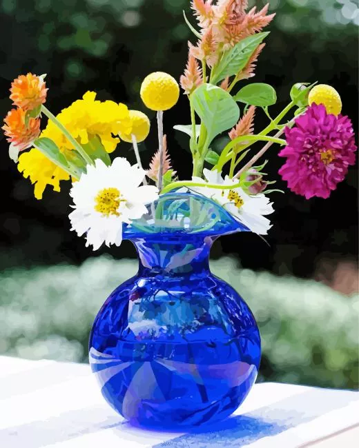 blue glass flower vase (2) paint by number Blue Glass Flower Vase Diamond Painting