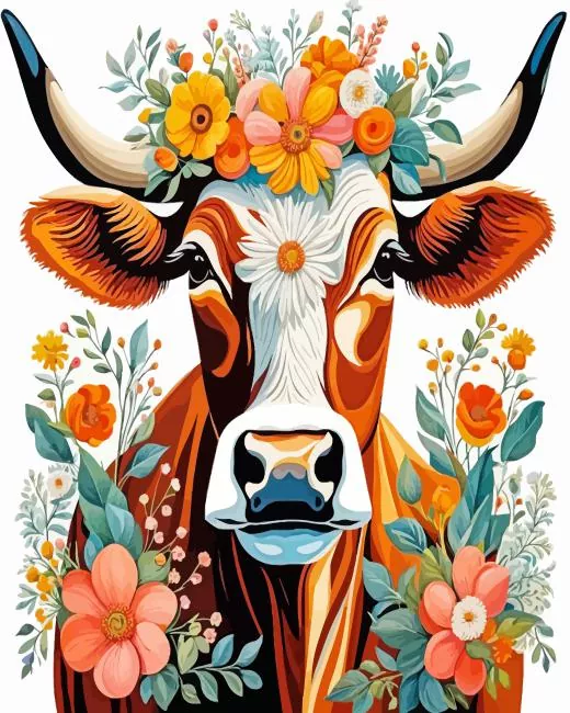 aesthetic brown cow and flowers paint by numbers Cow And Flowers Paint By Numbers
