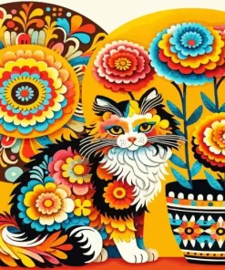 Flowers Cat Folk Paint By Numbers