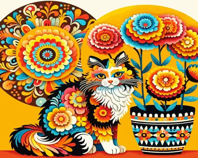 aesthetic flowers and cat folk art paint by number Flowers Cat Folk Paint By Numbers