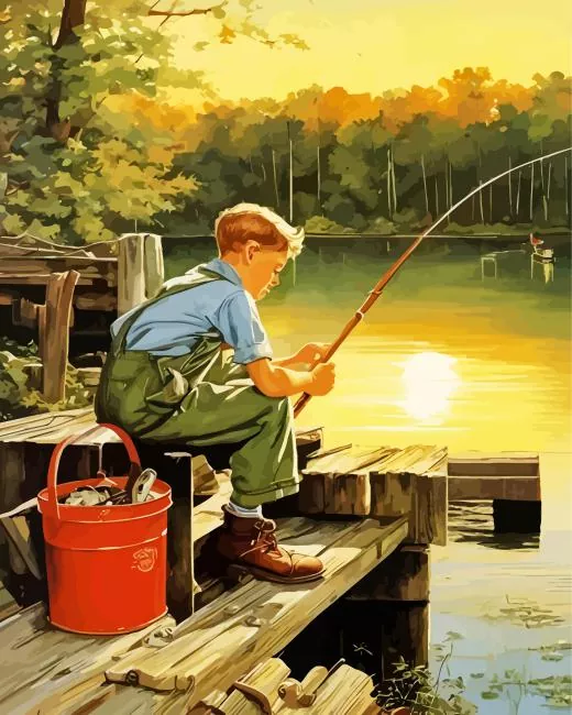boy fishing at sunrise paint by numbers Fishing At Sunrise Paint By Numbers