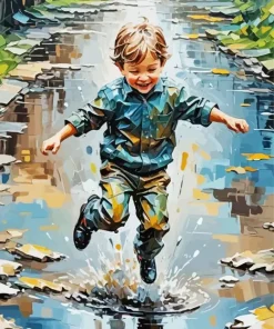 Boy Jumping In Puddle Paint By Numbers