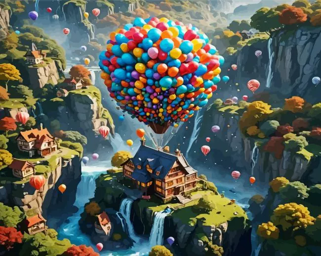 flying house balloons art paint by number Flying House Balloons Paint By Numbers